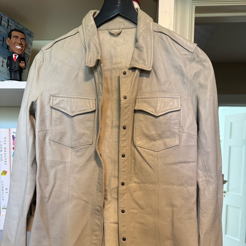 June Genuine Leather Shirt Jacket – Beige / Sand, Size Small